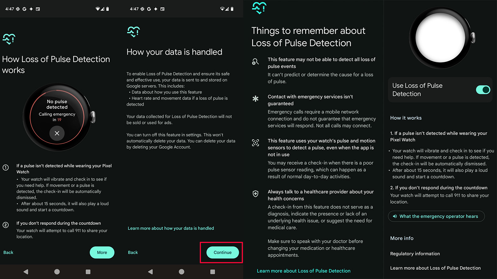 Screenshots of setting up Loss of Pulse Detection on Google Pixel Watch 3