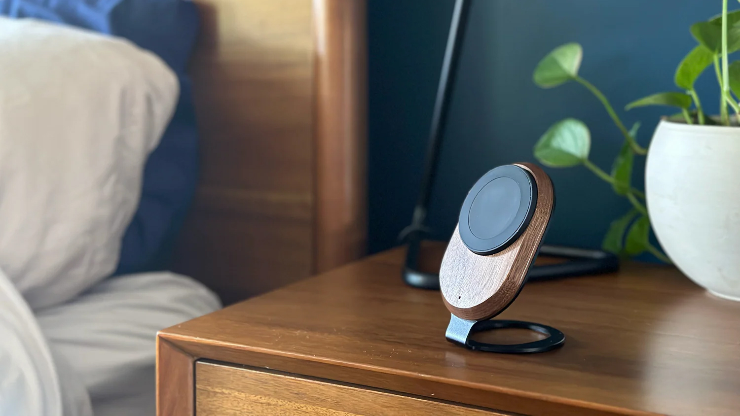 ARK Uno Solid Wood Wireless Charger on night stand
