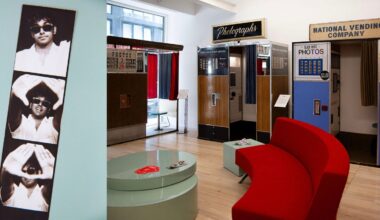 A photo strip with three black-and-white images of a man wearing sunglasses is displayed on a wall next to a room with vintage photo booths, a red curved couch, and a round table.