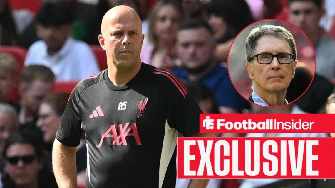Football Insider exclusive as Liverpool manager Arne Slot stands with his hands on his hips as owner John Henry watches on from a circular inset.