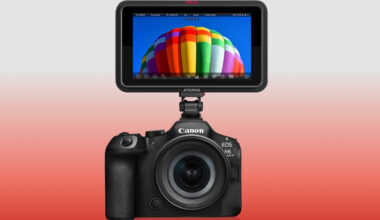 A Canon EOS R6 Mk III camera with a large Atomos Ninja external monitor, capable of ProRes RAW recording, displays a photo of a colourful hot air balloon against a blue sky on a red-to-white gradient background.