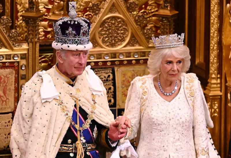 King Charles, pictured with Queen Camilla, wears the Imperial State Crown during the state opening of the UK's parliament in 2023. Photograph: Leon Neal/Getty