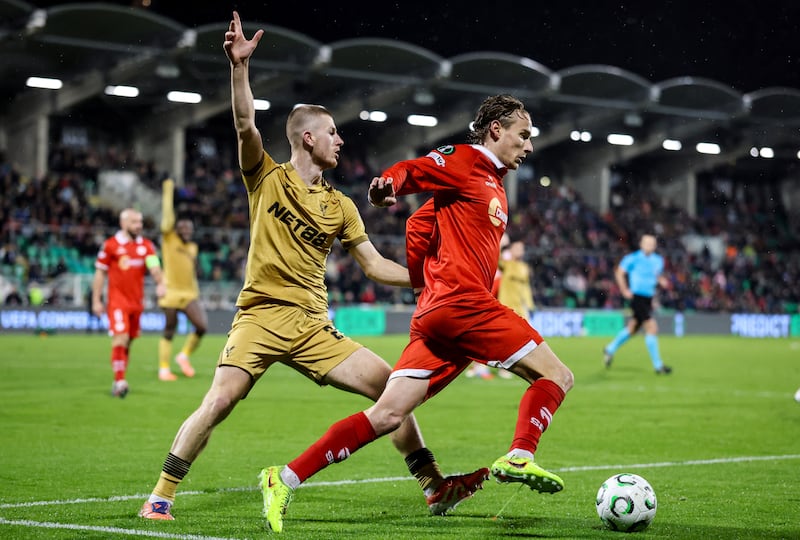 Crystal Palace's Adam Wharton and Shelbourne's Harry Wood. Photograph: Bryan Keane/Inpho