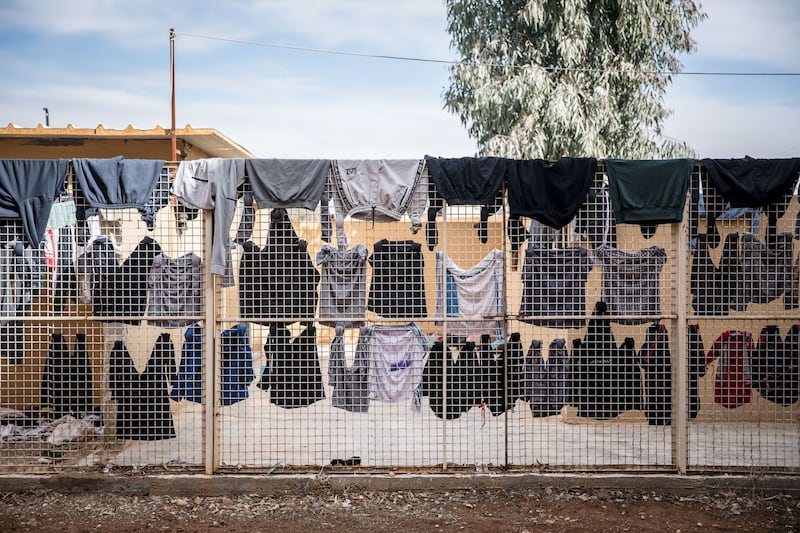 Clothes belonging to boys in the Okresh rehabilitation facility in northern Syria are hung out to dry. Photograph: Sally Hayden