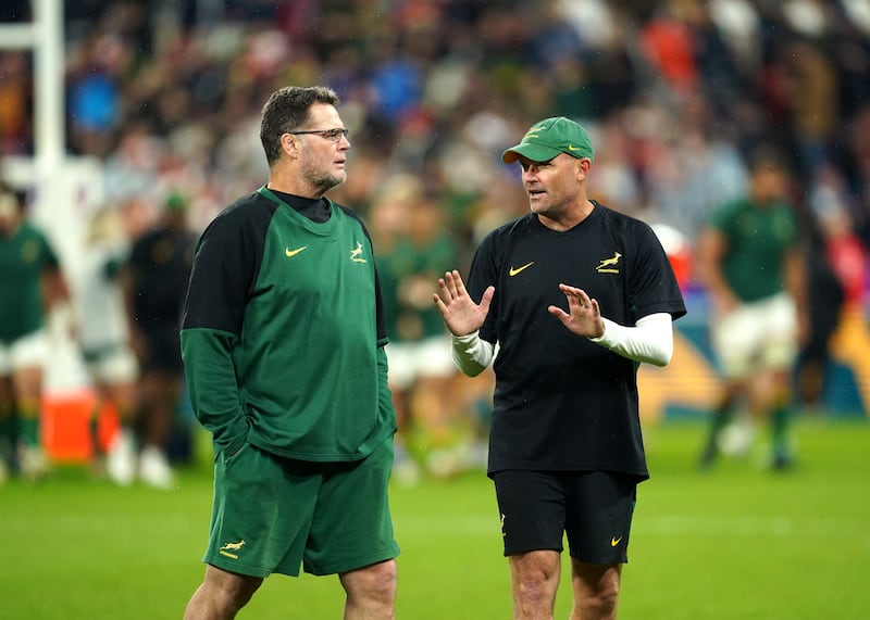 Rassie Erasmus and Jacques Nienaber ahead of the 2023 Rugby World Cup semi-final match between South Africa and England: David Davies/PA