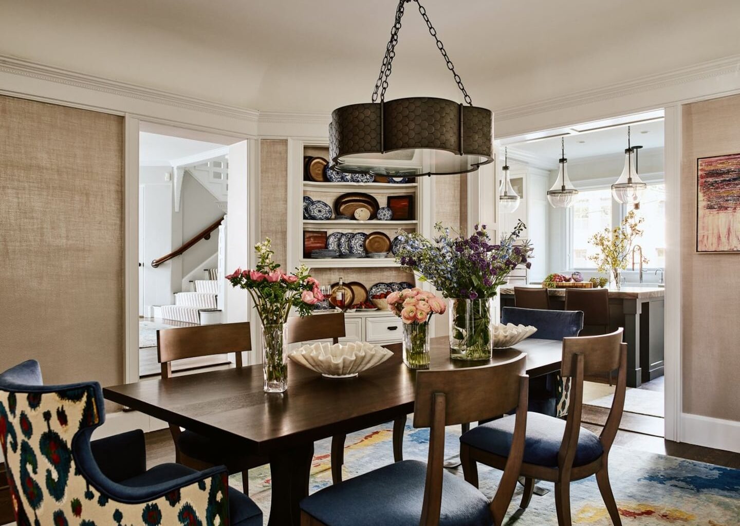 Newton-based interior designer Vani Sayeed used patterns and rich hues in this dining room.