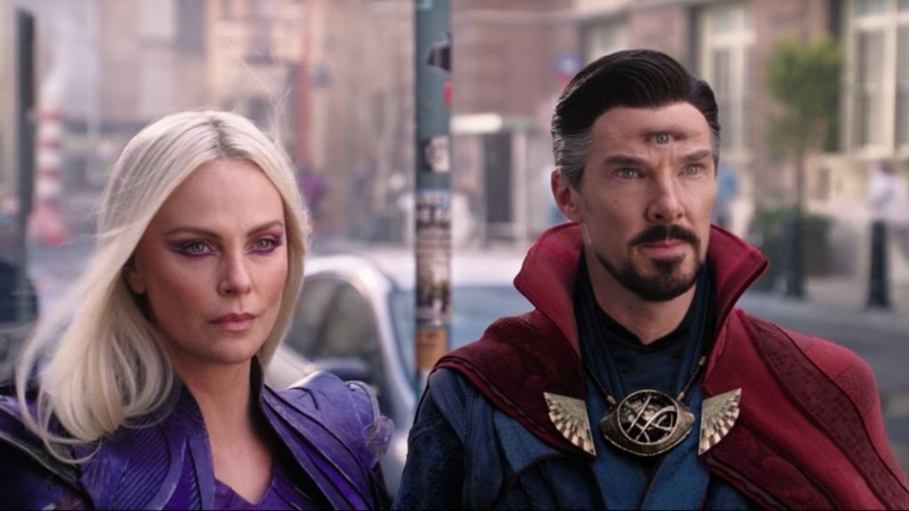Charlize Theron as Clea and Benedict Cumberbatch as Doctor Strange in the Multiverse of Madness