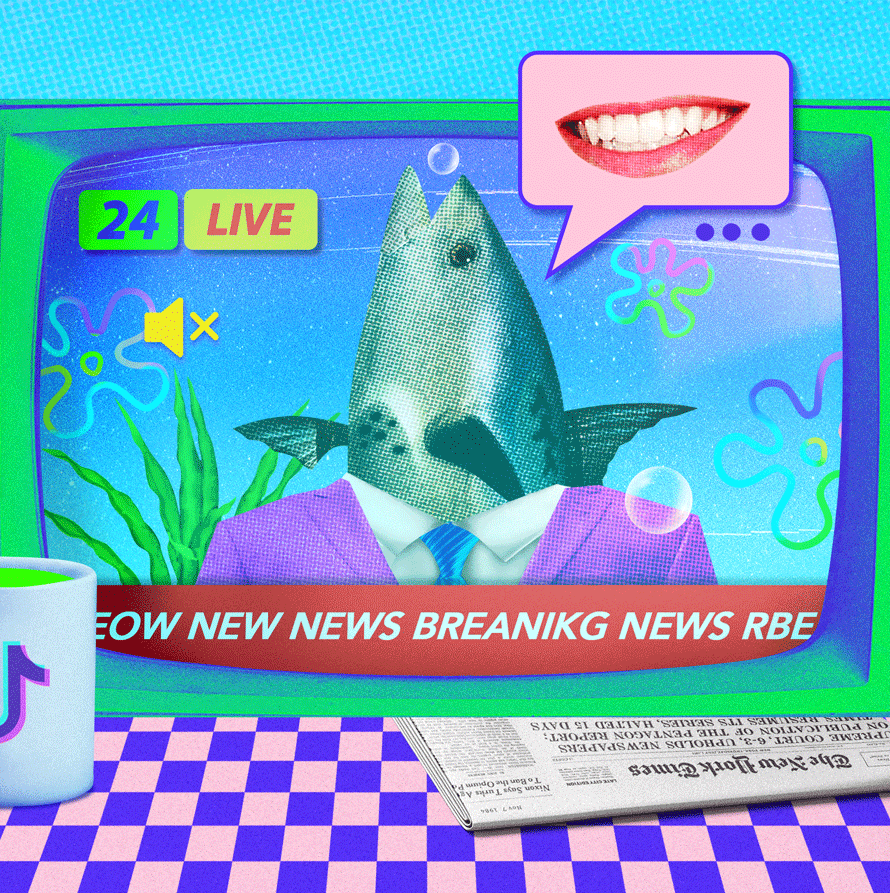 Animated image showing TV with moving shark wearing a suit