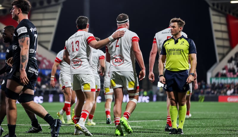 Ulster's Rob Herring celebrates scoring a try with James Hume. Photograph: Ryan Byrne/Inpho