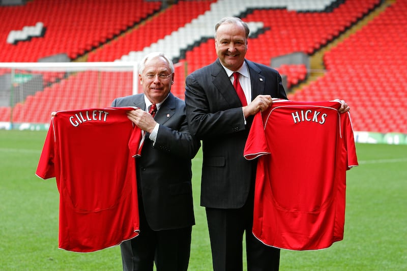 George Gillett and Tom Hicks at Anfield after their takeover of Liverpool FC. Photograph: Christopher Furlong/Getty Images