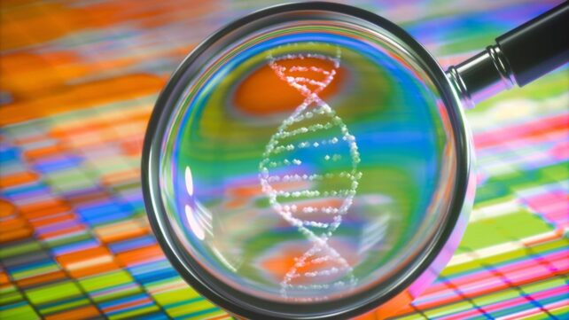 DNA Sanger Sequencing and a Magnifying Glass Showing the DNA Helix