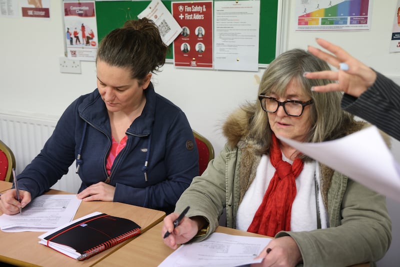 Aoife Kiely and Pauline McHale (right) in class at Conradh na Gaeilge on Camden Street in Dublin. Photograph: Bryan O’Brien 