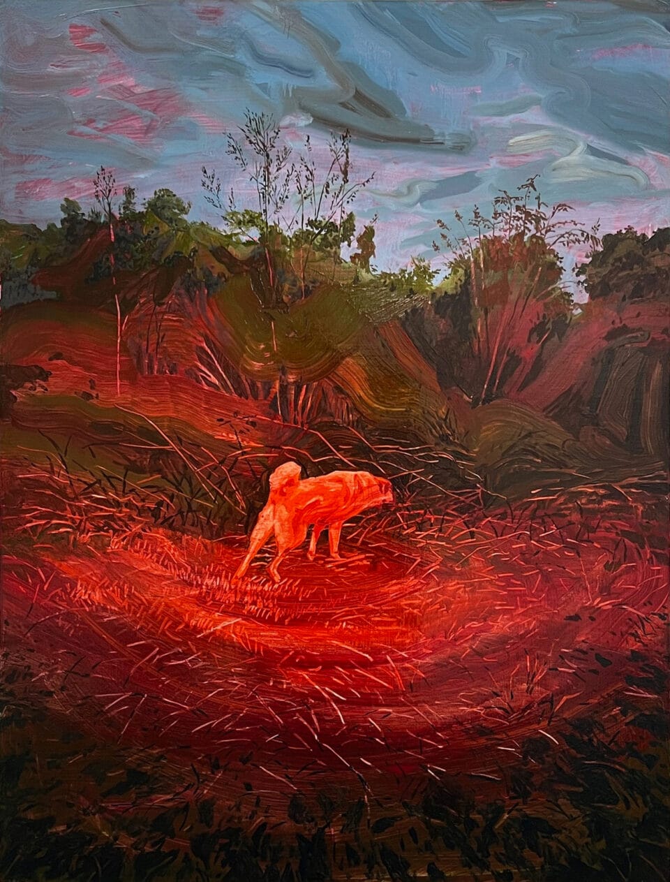 A painting of a dog in a field turned away from the viewer. The sky is dark, as if twilight, and the composition seems to be illuminated by a red light.
