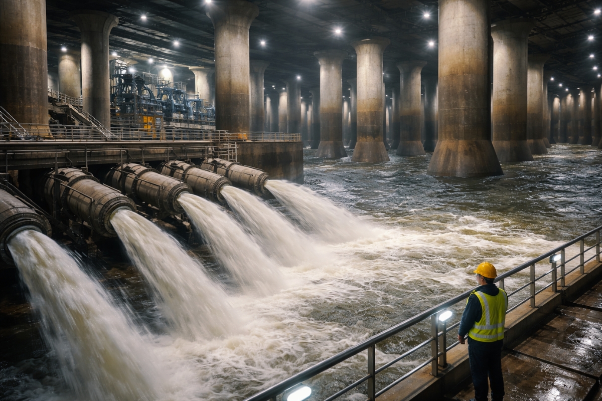 The city where heavy rain triggers a giant system that draws water from underground, uses deep wells, and relies on high-powered pumps to prevent it from returning to the surface.