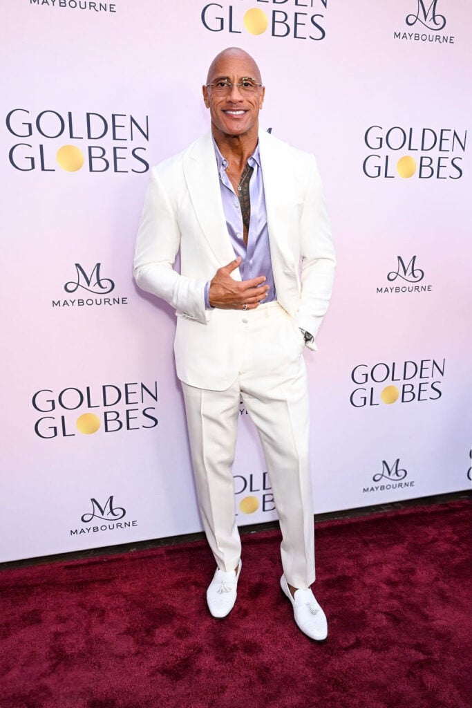 Dwyane Johnson, Golden Globes First-Time Nominees Luncheon, Dolce & Gabbana suit, Dolce & Gabbana menswear, Dwyane Johnson style, awards season menswear, white suit red carpet
