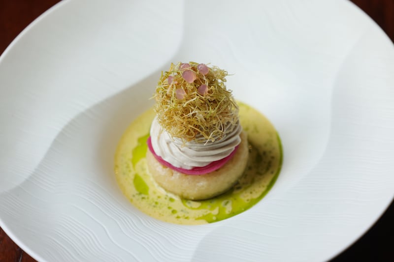 Smoked Mackerel Velouté, Crumpet, Mackerel Paté, Pickled Onion at Thyme