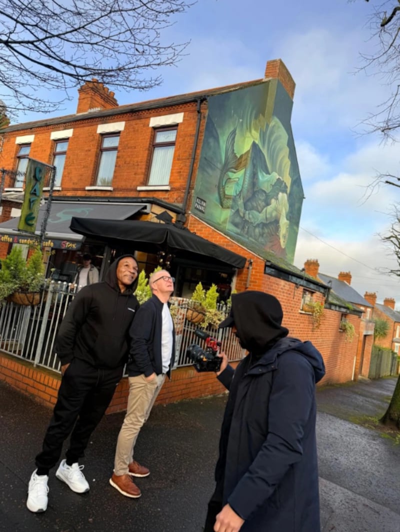 Mike Tyson on Cliftonville Road in north Belfast where he was visiting his friend Kevin McKinney. Photograph: Stax Coffee Shop