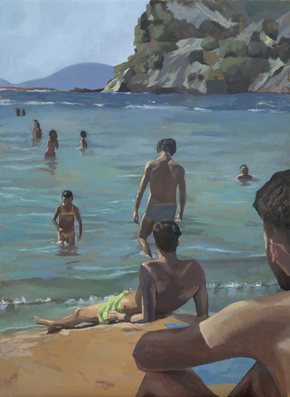 Painting of people enjoying a sunny day at the beach with individuals swimming and lounging near the shore.