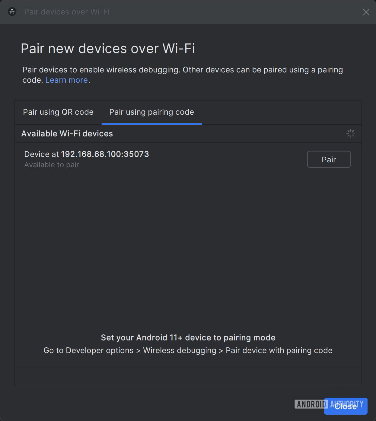 Enabling wireless debugging on an Android phone via pairing code in Android Studio
