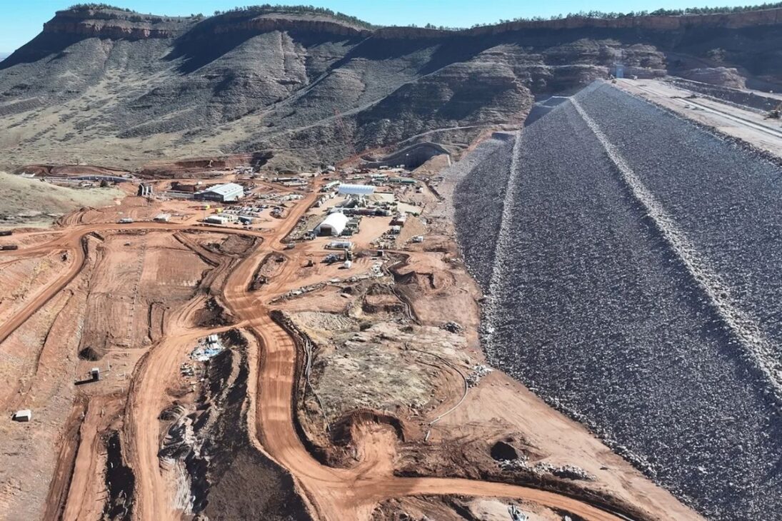 A nearly 100-meter wall at the bottom of a valley creates the Chimney Hollow Dam, a water reservoir for water security to combat drought in Colorado.