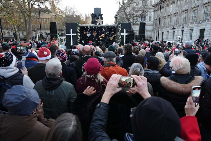 A band plays during a Christmas carol service in Whitehall, London, organised by Tommy Robinson's Unite the Kingdom movement on Saturday, December 13th. Photograph: Jonathan Brady/PA