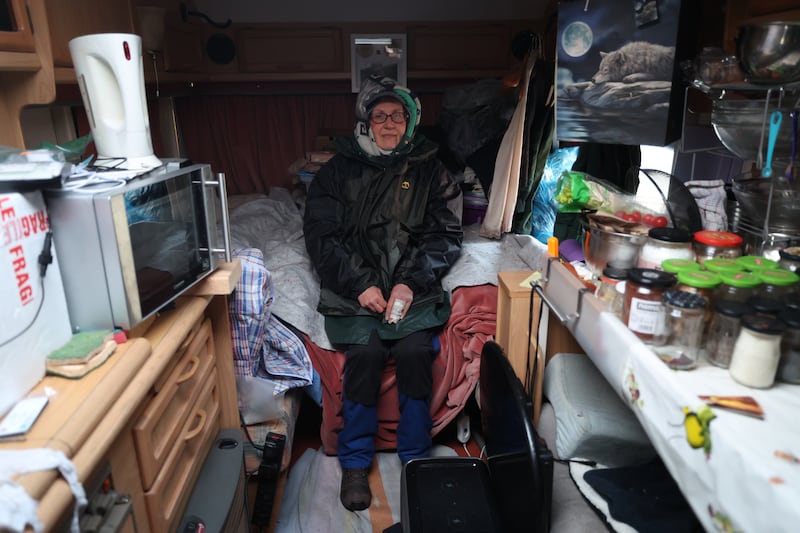 Yvette Fouche has been living in a caravan since September but recently had to move her dogs to a friend's house to avoid the cold weather.  Video: Enda O'Dowd