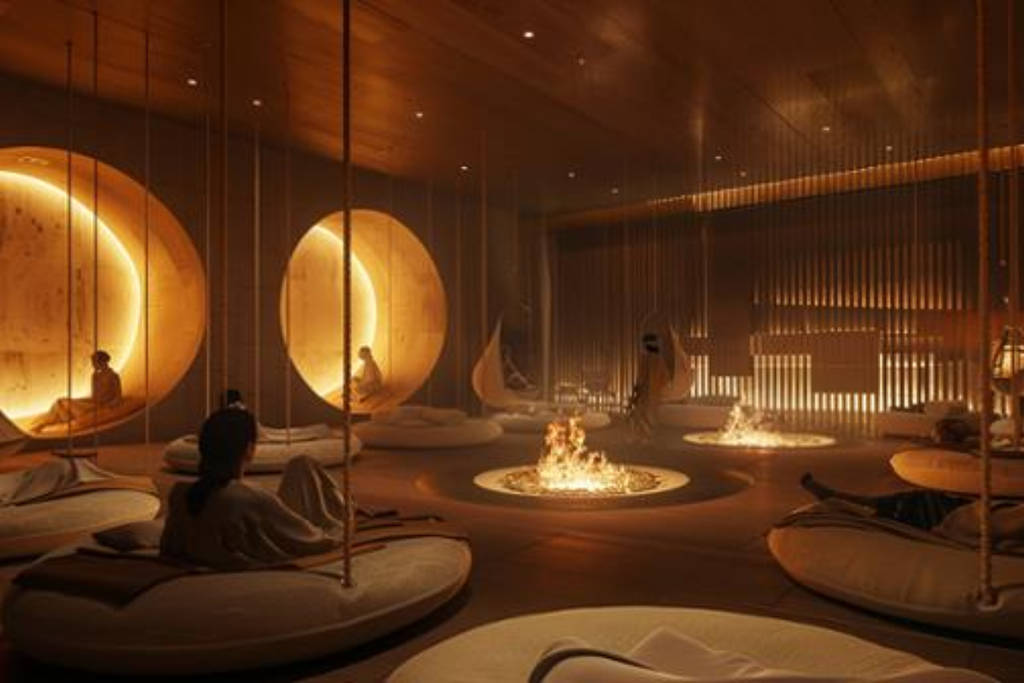 Rendering shows a Himalayan-styled spa space at the coming Submersive venue in Austin, Texas.
