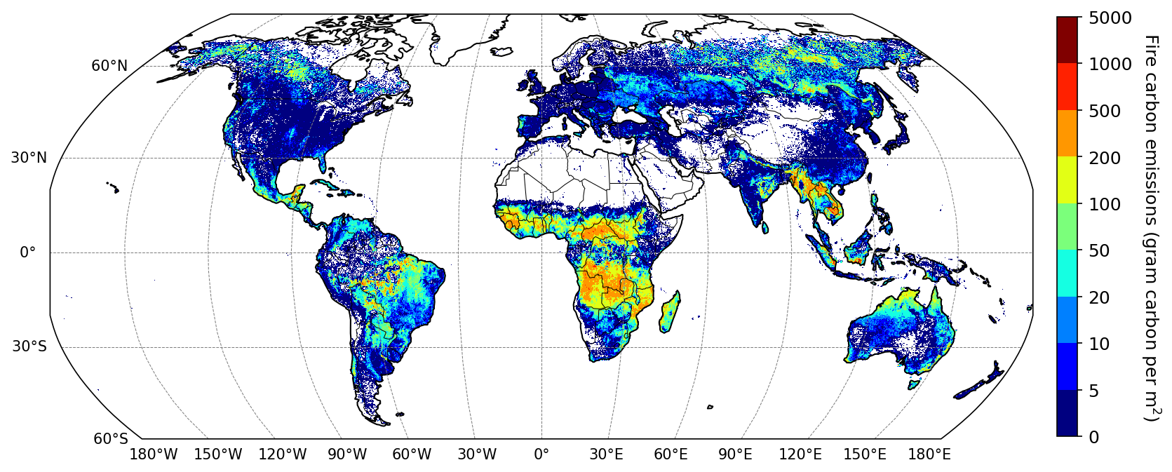 This map shows fire carbon emissions, in grams of carbon per square metre. Based on the GFED emissions dataset.