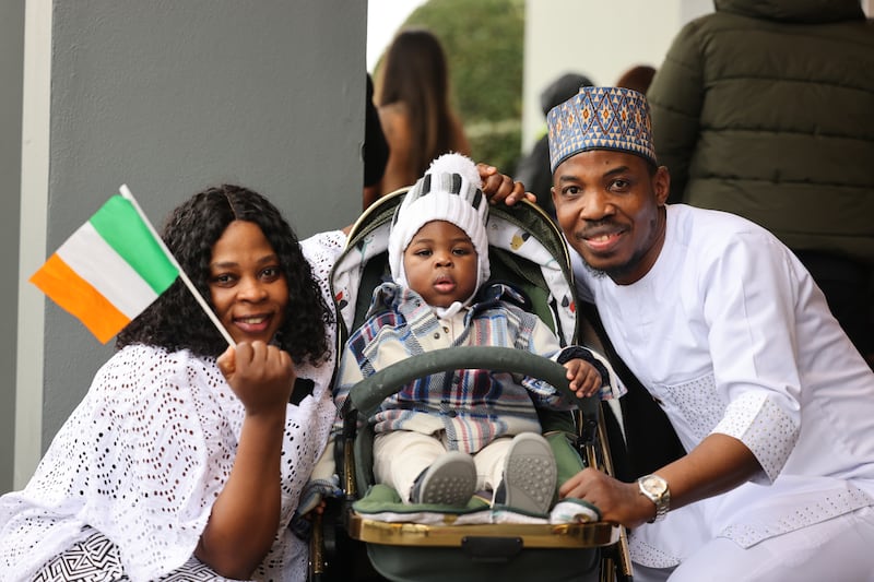 Tobi Akinmuda, born in Nigeria and living in Portlaoise, congratulated by her husband, Opeyemi Alaka, and baby, Ayomide