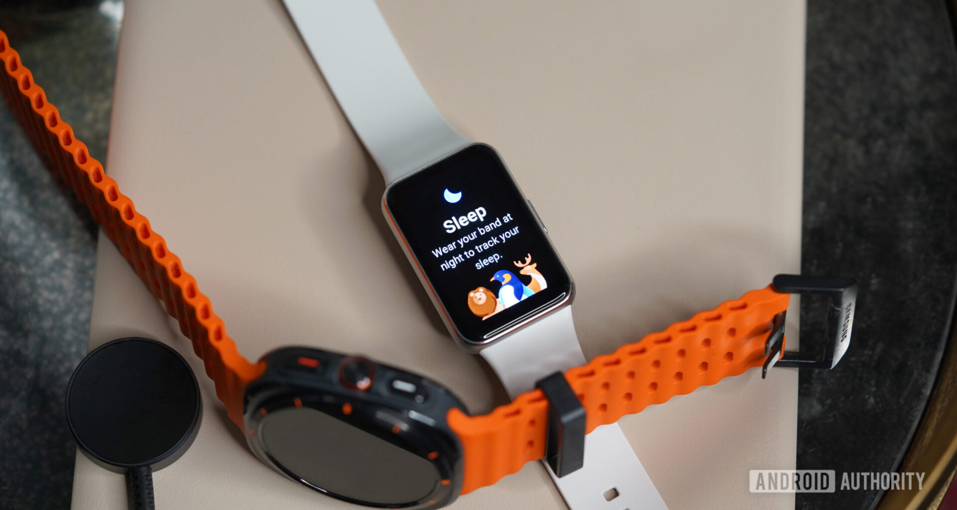 A Galaxy Fit 3 rests alongside a Galaxy Watch Ultra.