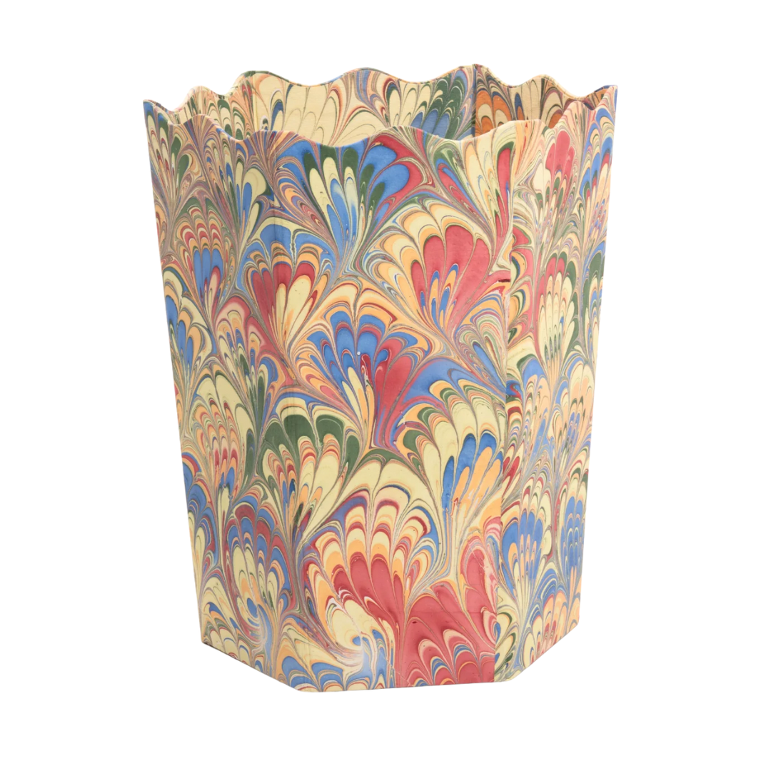 Hand-Marbled Scallop Waste Bin / Storage Bin in Multicolor