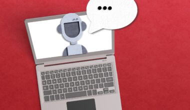 AI agent concept with robot inside a laptop with a voice bubble on red background.