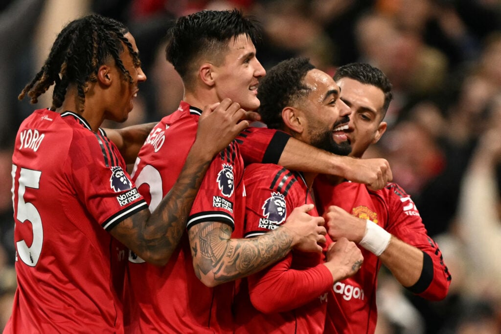 Manchester United star Matheus Cunha celebrates with Leny Yoro, Benjamin Sesko and Diogo Dalot during the Premier League match between Manchester United and Brighton at Old Trafford in Manchester, England, in 2025.
