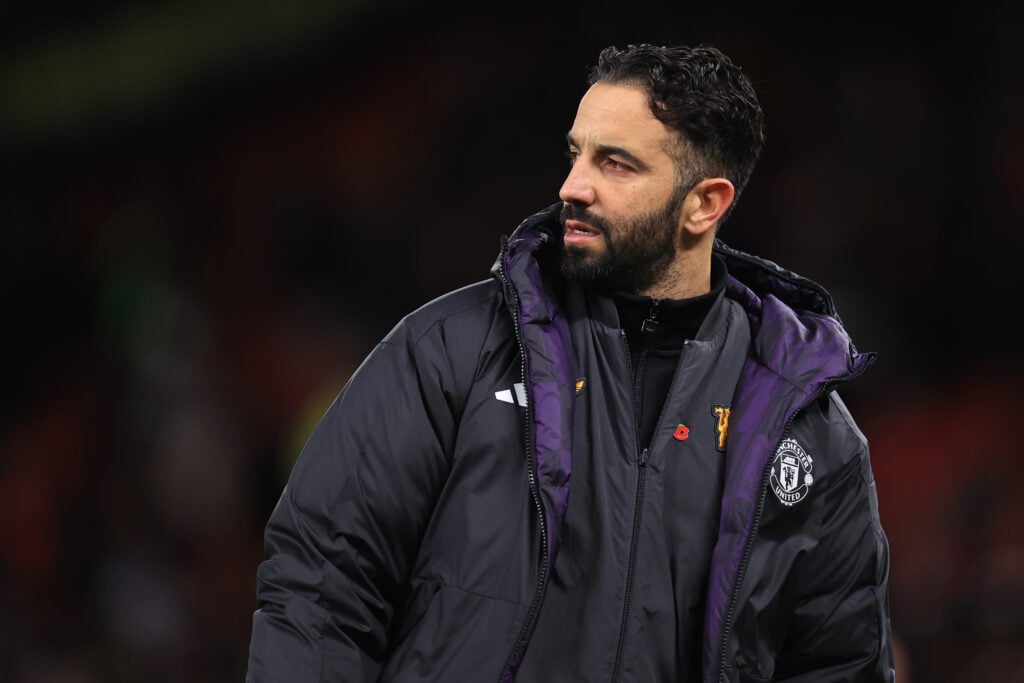 Ruben Amorim in Manchester United attire during loss to Everton.