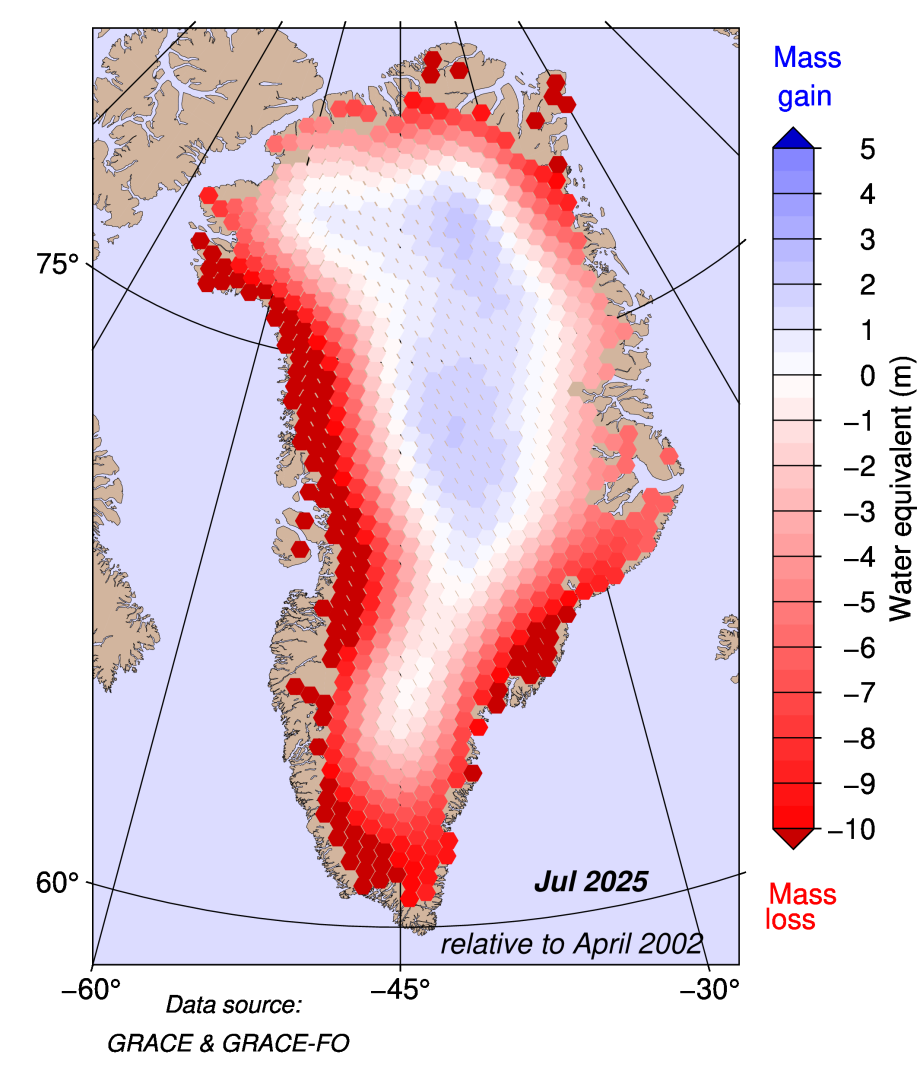 Gain and loss in the total mass of ice of the Greenland ice sheet based on the GRACE and GRACE-FO satellites, updated until July 2025. Shown is the month-by-month mass change in billions of tonnes (Gt) = cubic kilometres (km3). Credit: Polar Portal.