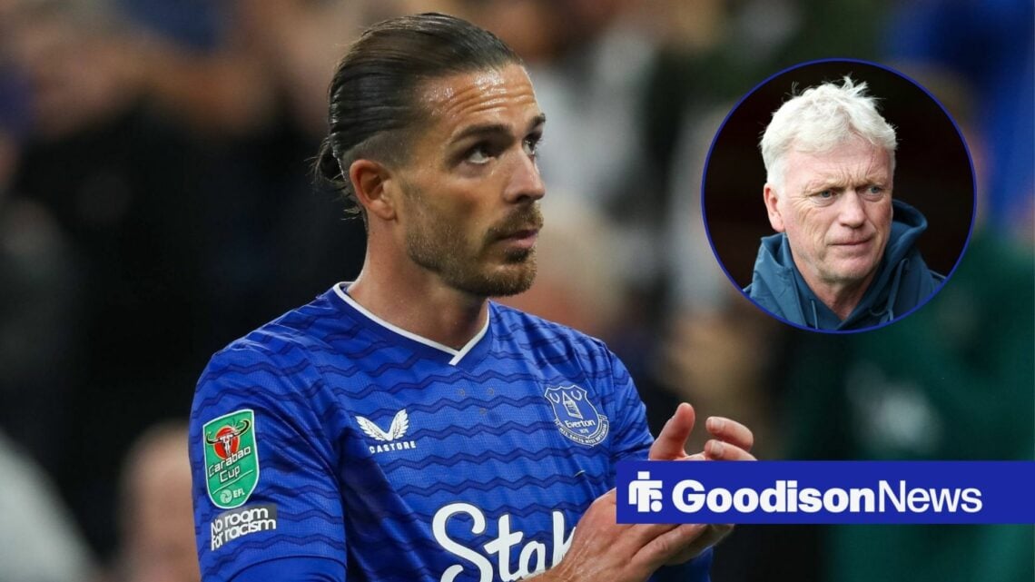 Everton's Jack Grealish clapping with David Moyes inset