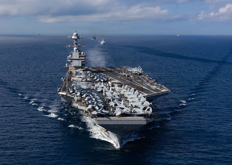 The USS Gerald R Ford in the Strait of Gibraltar before arriving in the Caribbean. Photograph: Mass Communication Specialist Seaman Apprentice Alyssa Joy/US Navy via The New York Times           