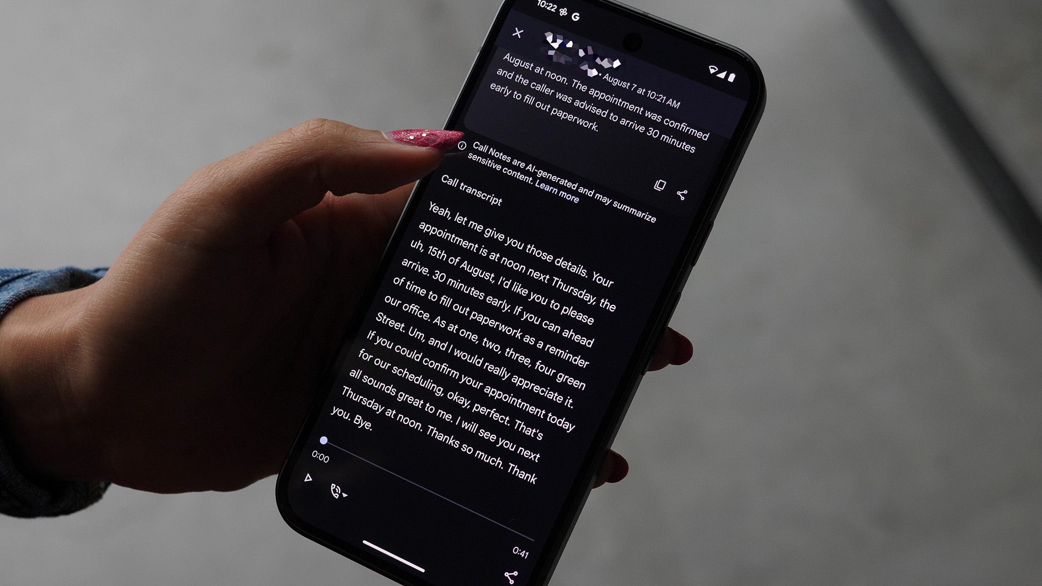 Call Notes summary and transcript on the Google Pixel 9 Pro