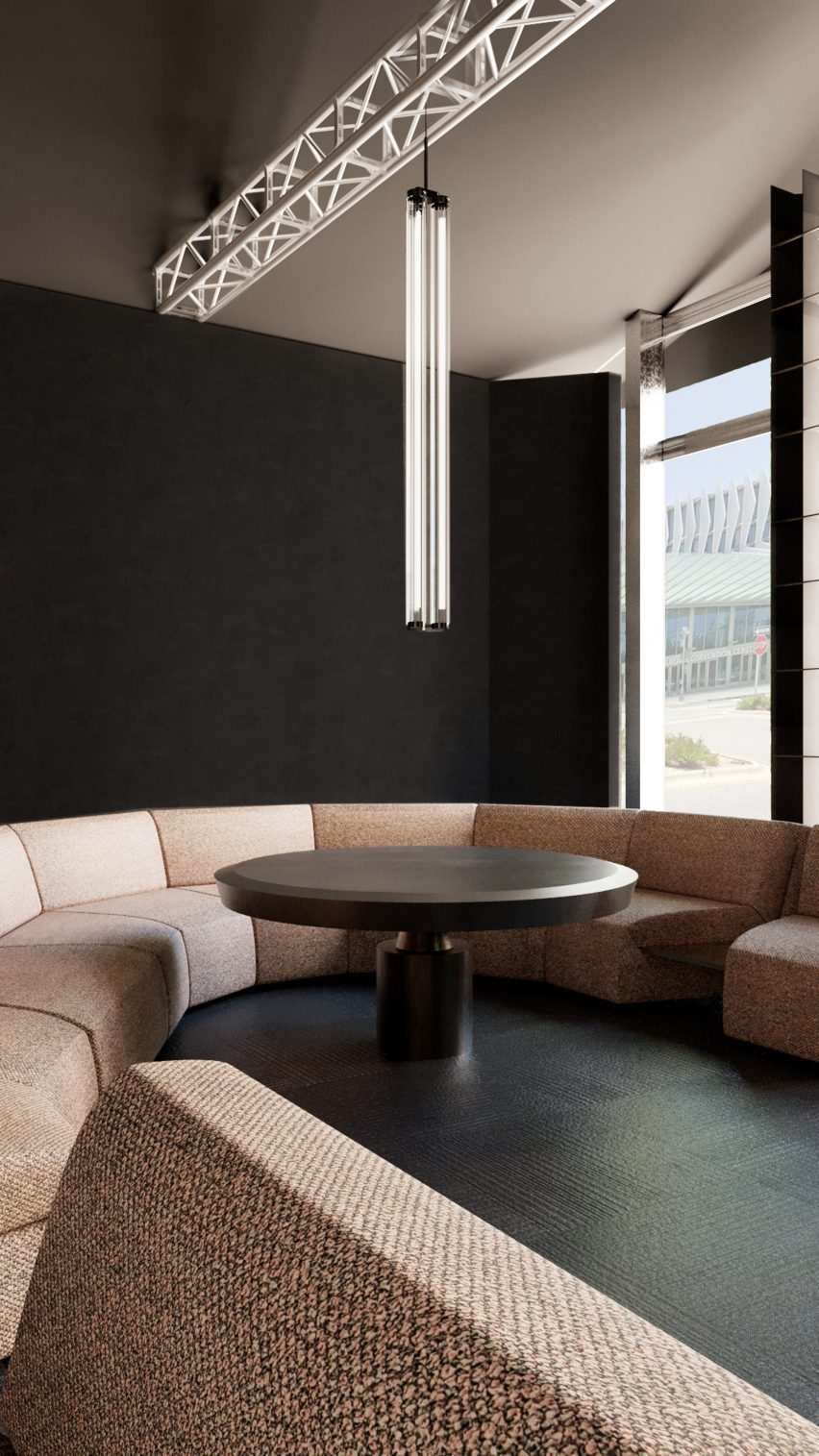 Henge showroom in Miami featuring Henge products, including quartz tables and modular furniture 