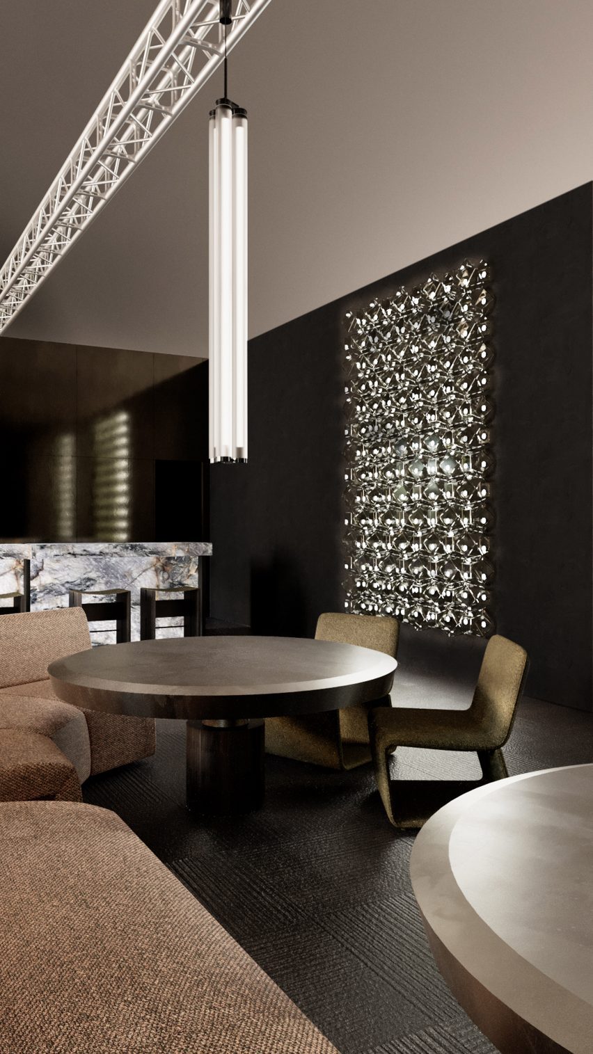 Henge showroom in Miami featuring Henge products, including quartz tables and modular furniture 