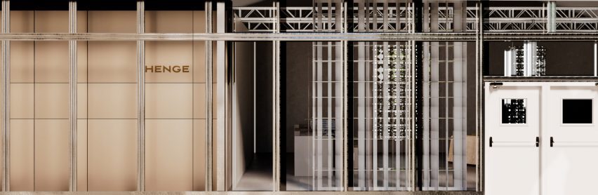 Henge showroom in Miami featuring Henge products, including quartz tables and modular furniture 