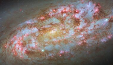 A spiral galaxy, seen partly from the side, with a messy, turbulent appearance. Its disc is made of multiple patchy arms that contain numerous sparkling blue and glowing red regions — star clusters and star-forming nebulae. Thick clumps of dark reddish dust swirl through the disc. The glow of the disc extends out into the dark background, where both distant and nearby stars can be seen.