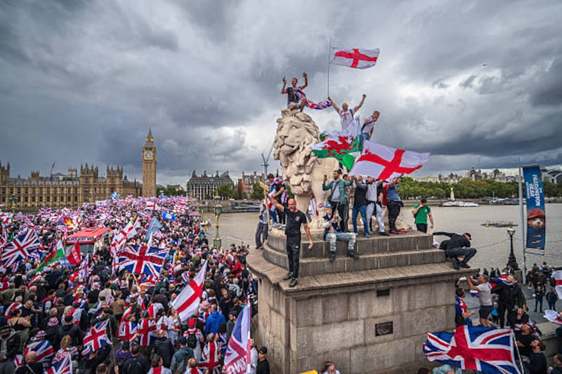 Protesters at the 'Unite The Kingdom' rally in London led by far-right activist Tommy Robinson. Police estimated that between 110,000 and 150,000 people gathered to protest. Photograph: Christopher Furlong/Getty Images
