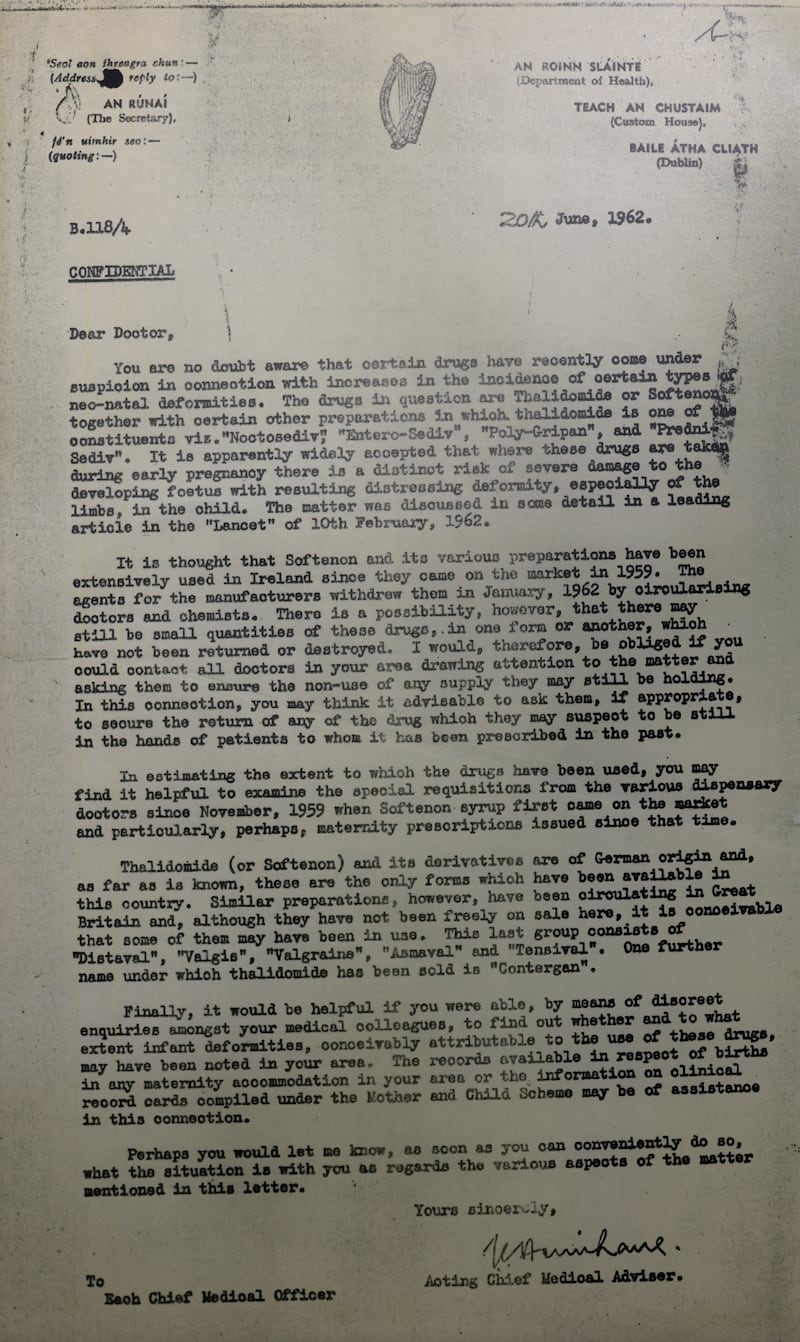 Letter sent by the then acting chief medical adviser in the Department of Health to regional medical officers, dated June 20th, 1962.  Photograph: Nick Bradshaw