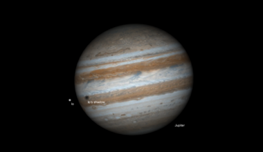 Io and its shadow cross Jupiter