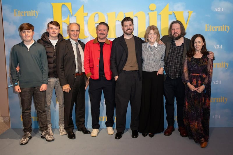 Eternity: Patrick Freyne (second right) with his brother David (fourth right) and family Senan Cummins, Cillian Cummins, Walter Freyne, Stephen Kelliher, Joan Freyne and Anna Carey at the film's London premiere