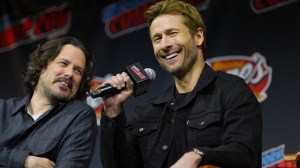 NEW YORK, NEW YORK - OCTOBER 10: (L-R) Edgar Wright and Glen Powell speak onstage during "The Running Man" New York Comic Con Presentation at the Javits Center on October 10, 2025, in New York, New York. (Photo by John Nacion/Getty Images for Paramount Pictures)