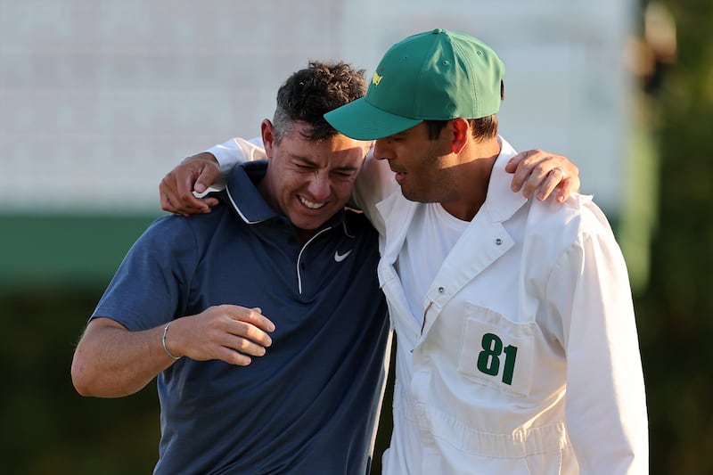 Rory McIlroy with caddie Harry Diamond after winning 2025 Masters at Augusta in April. Photograph: Michael Reaves/Getty Images