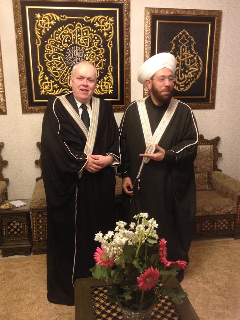 Former Grand Mufti of Syria Ahmad Badreddin Hassoun pictured in Damascus with Irish activist Declan Hayes. Photograph:  Declan Hayes