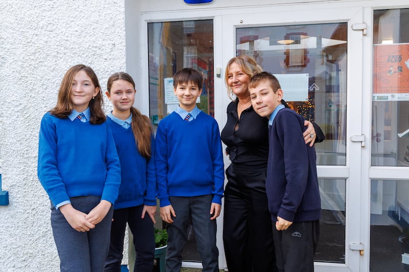 Scoil Saidhbhín principal Teresa Ní Chróinín with Kateryna Reshetnikova, Sofia Laptenko, Mark Fedan and George Zborovskyi.  Photograph: Alan Landers